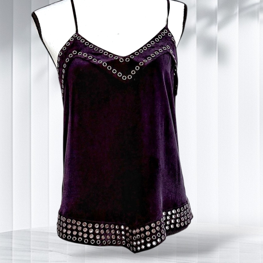 Rory Beca Black Heavy Grommet Detail Camisole, 100% Silk Tank Whimsical Goth Top